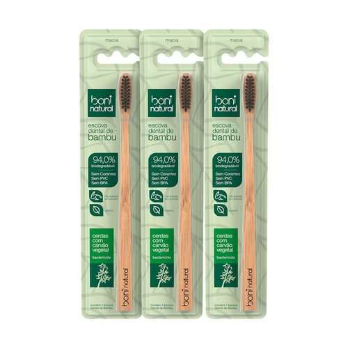 Kit 3 Escovas Dentais Naturais de Bambu com Cerdas de Carvão Vegetal – Boni Natural