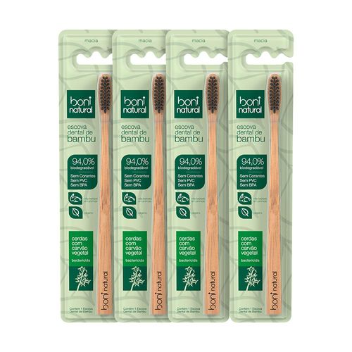 Kit 4 Escovas Dentais Naturais de Bambu com Cerdas de Carvão Vegetal – Boni Natural